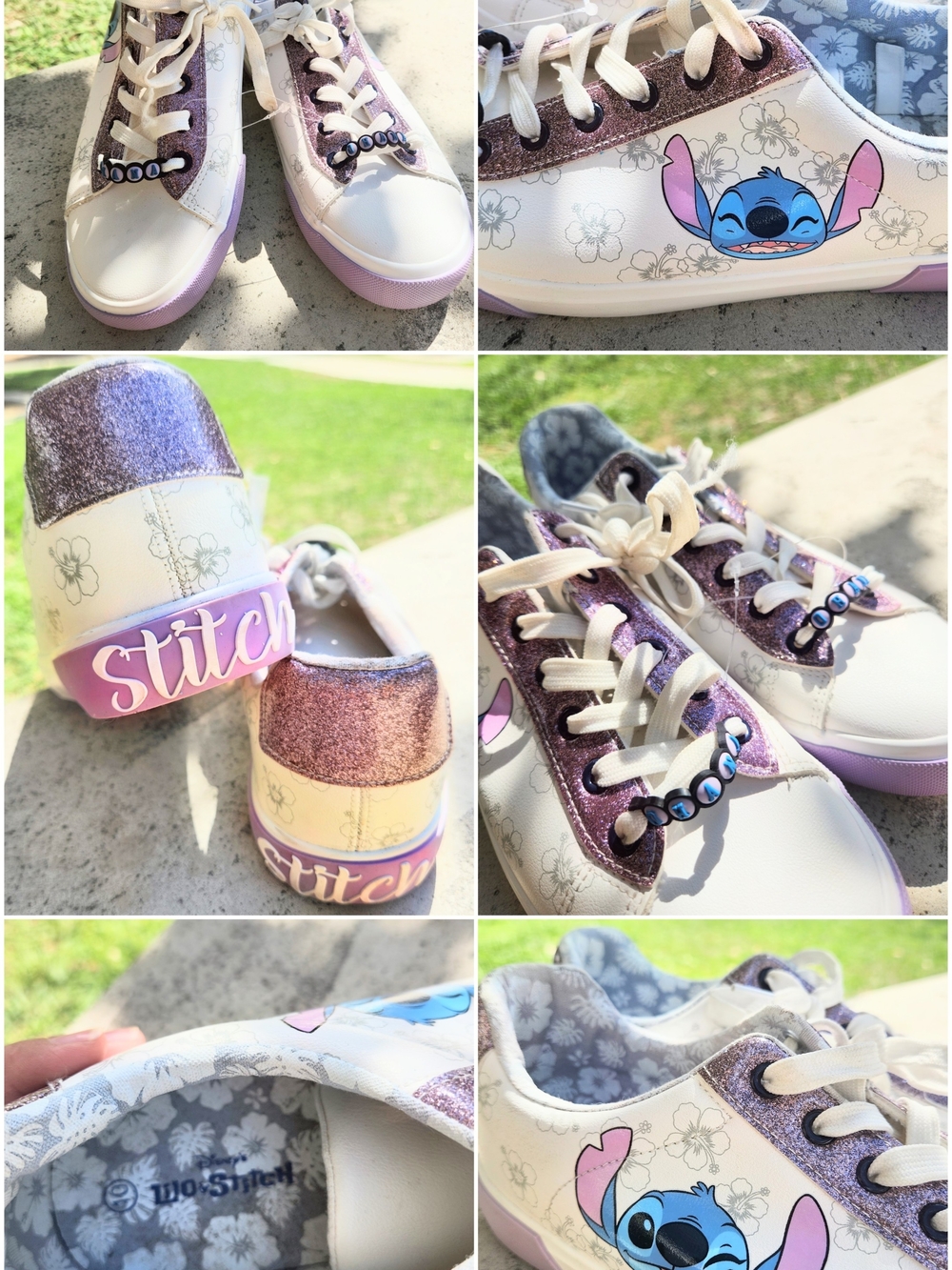 Disney Womens White and Purple Glitter Stitch Sneakers